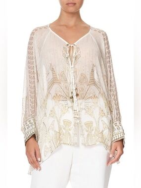 Camilla “The Queens Chamber” White Gold Egyptian Silk Boho Peasant Top Blouse OS